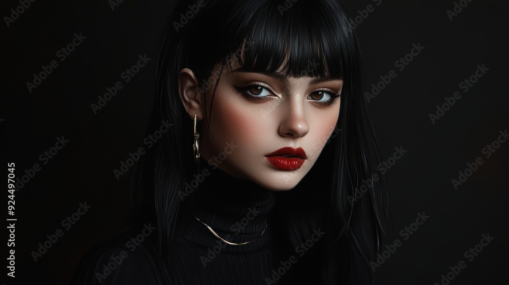 Portrait of a Woman with Red Lips and Gold Earrings. Portrait of a Woman with Red Lips and Gold Earrings.