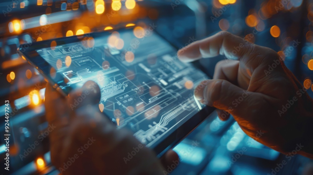 A person holds a tablet with a circuit board, suitable for technology or innovation illustrations A person holds a tablet with a circuit board, suitable for technology or innovation illustrations