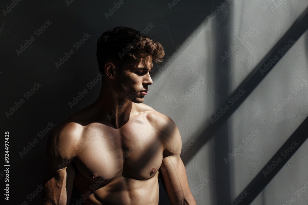 A shirtless man stands against a wall with a determined expression A shirtless man stands against a wall with a determined expression