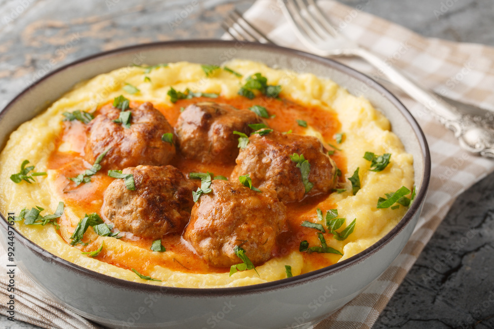 Fried meatballs with spicy sauce and corn polenta close-up in a bowl on the table. Horizontal Fried meatballs with spicy sauce and corn polenta close-up in a bowl on the table. Horizontal