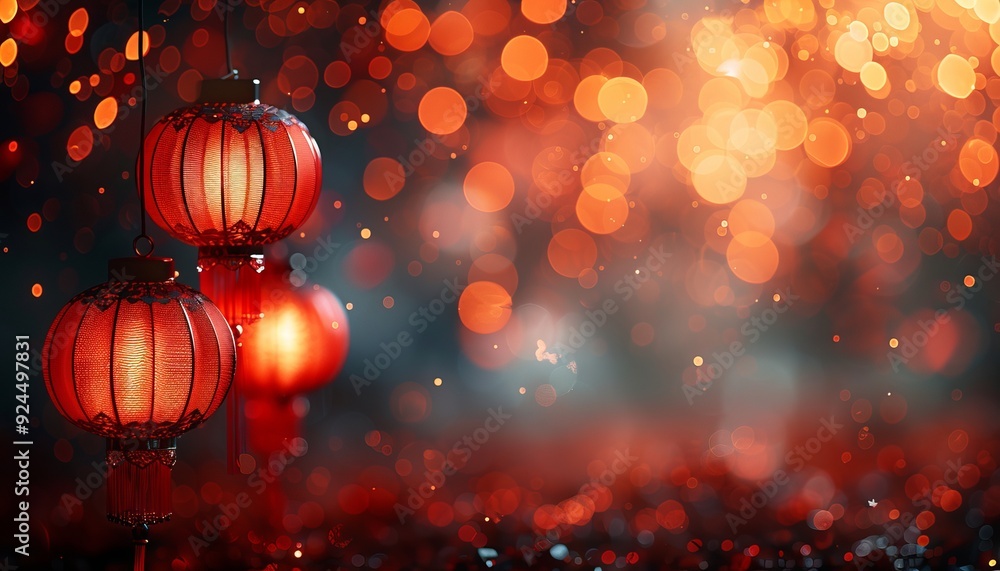 Chinese red lantern in the night of Chinese New Year of happiness with Dragon dance. Generative Ai.