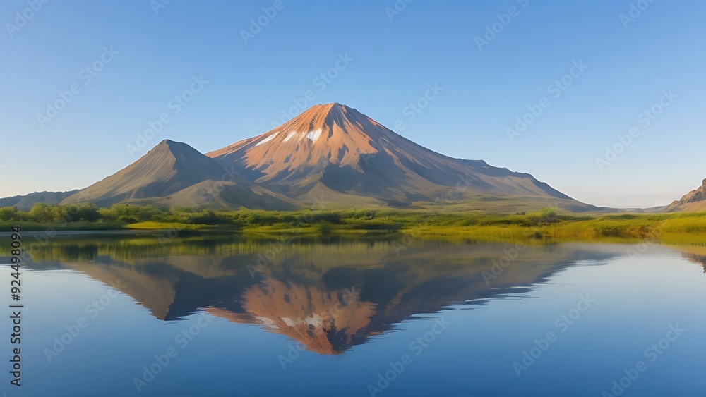 Beautiful mountain in the morning light reflected in the peaceful waters of the lake. Beautiful mountain in the morning light reflected in the peaceful waters of the lake.