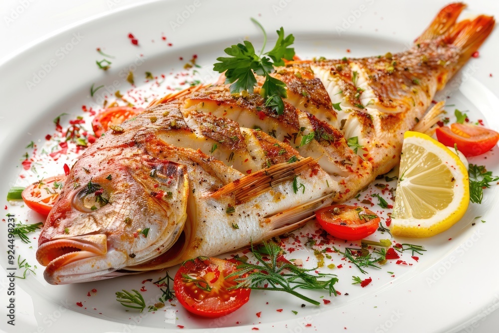 A beautifully presented grilled fish garnished with herbs and lemon on a white plate. A beautifully presented grilled fish garnished with herbs and lemon on a white plate.
