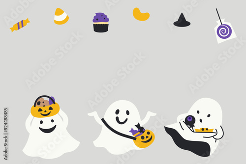 ハロウィンのお菓子とおばけ達のかわいい背景＿大人グレー