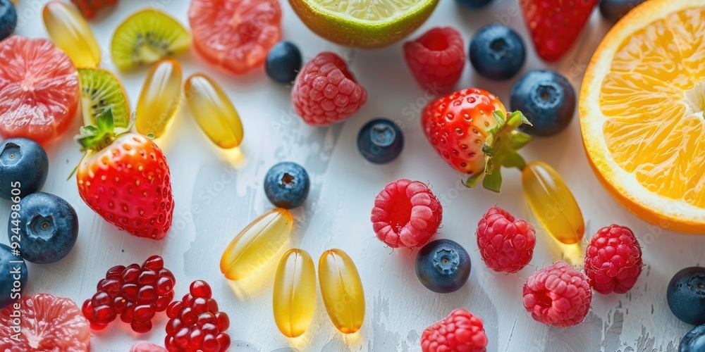 Chewable gummy bear vitamins alongside fresh fruits for supplements Chewable gummy bear vitamins alongside fresh fruits for supplements