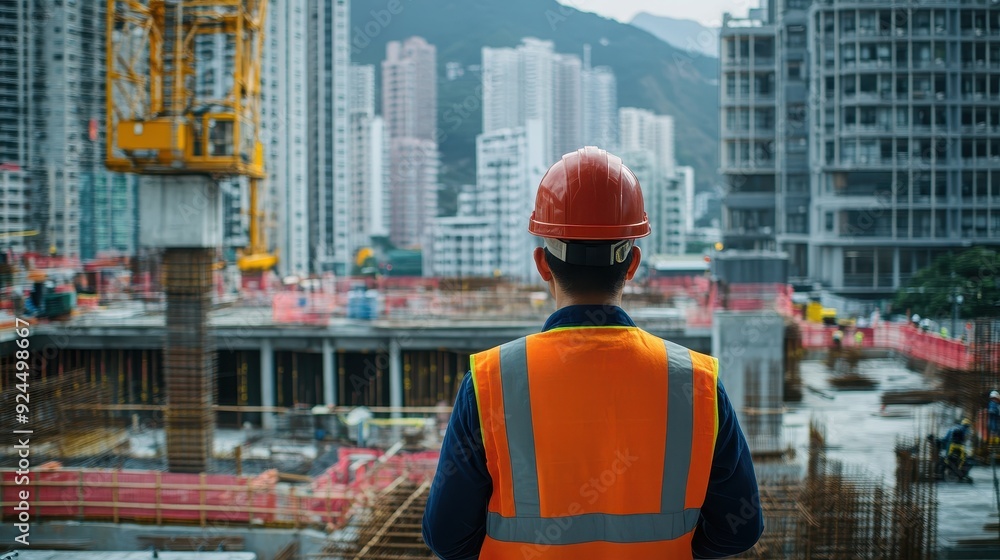 Construction Worker Looking at Cityscape. Construction Worker Looking at Cityscape.