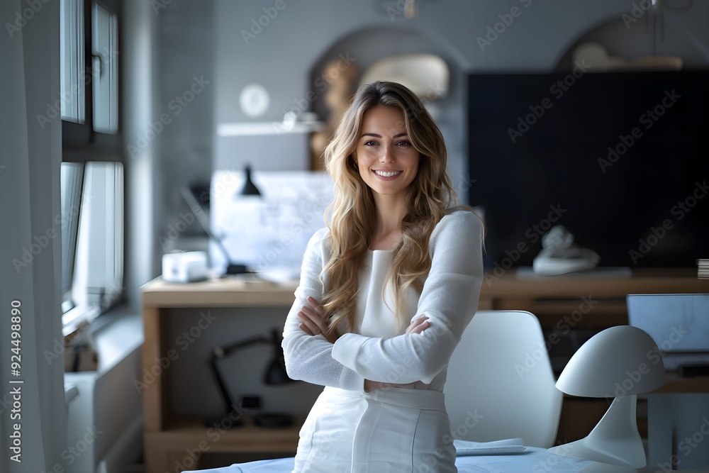 zbliżenie, europejska kobieta, piękna, długie falowane blond włosy, uśmiechnięta, architekt wnętrz, pewna siebie, kreatywna, tło, projekt wnętrza, plan architektoniczny, stylowa lampa, eleganckie mebl zbliżenie, europejska kobieta, piękna, długie falowane blond włosy, uśmiechnięta, architekt wnętrz, pewna siebie, kreatywna, tło, projekt wnętrza, plan architektoniczny, stylowa lampa, eleganckie mebl