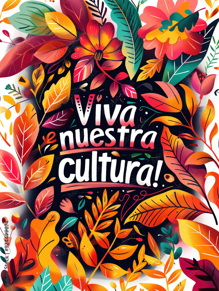 Obraz premium Typographic poster with floral illustration and text Viva nuestra cultura