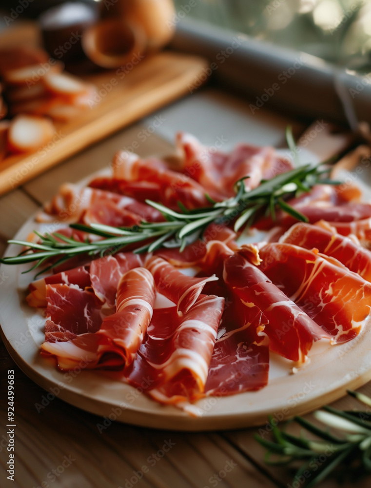Top view of Jamon Iberico slices on a rustic wooden plate, beige background Top view of Jamon Iberico slices on a rustic wooden plate, beige background