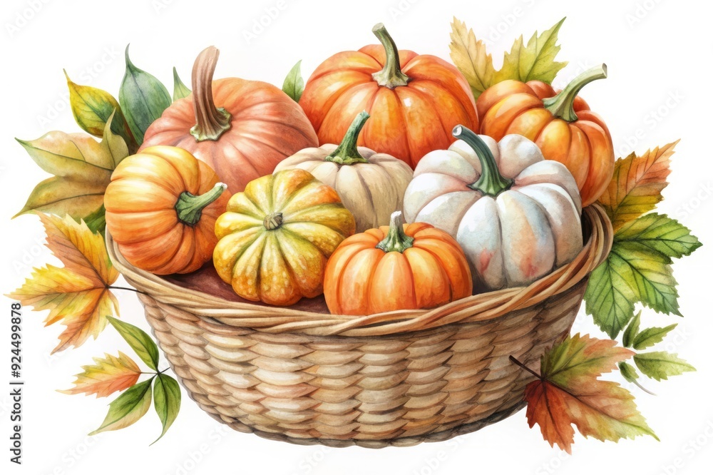 Autumn Harvest - Pumpkins in a Basket isolated on white background Autumn Harvest - Pumpkins in a Basket isolated on white background