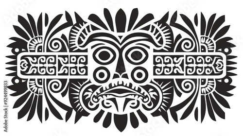 Black and white tribal mask with intricate floral and geometric patterns.