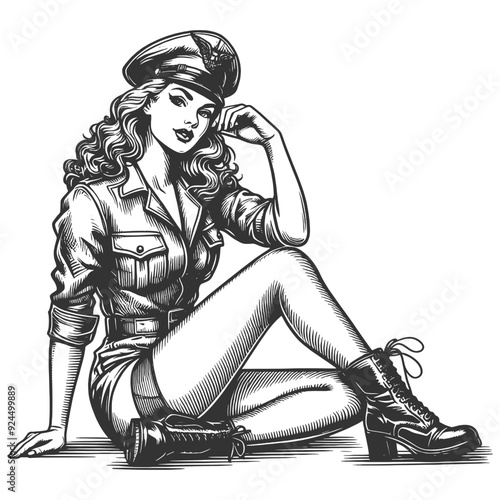 pin-up girl wearing a military uniform and boots, embodying a retro aesthetic sketch engraving generative ai fictional character vector illustration. Scratch board imitation. Black and white image.