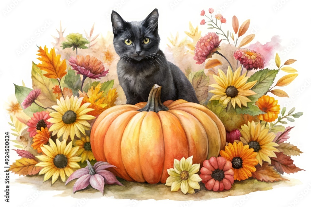 Black Cat with Pumpkin and Autumn Flowers isolated on white background Black Cat with Pumpkin and Autumn Flowers isolated on white background