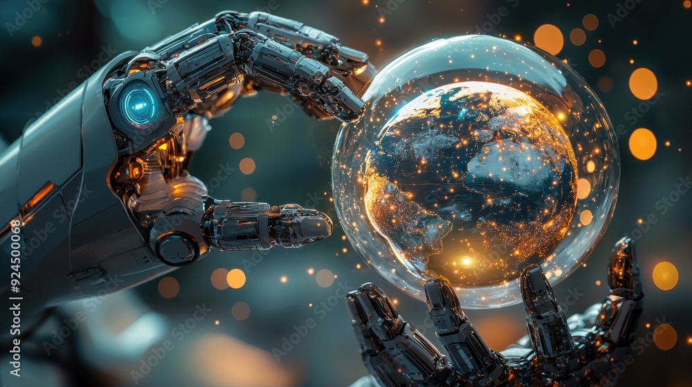 A futuristic AI robot with glowing blue eyes gently holding the Earth in its metallic hands, with a starry outer space background, the Earth illuminated with vibrant colors A futuristic AI robot with glowing blue eyes gently holding the Earth in its metallic hands, with a starry outer space background, the Earth illuminated with vibrant colors