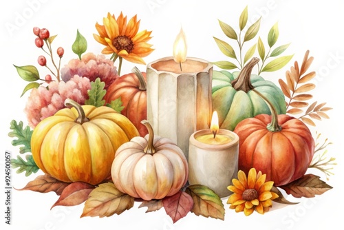 Watercolor Autumn Illustration with Pumpkins and Candles isolated on white background