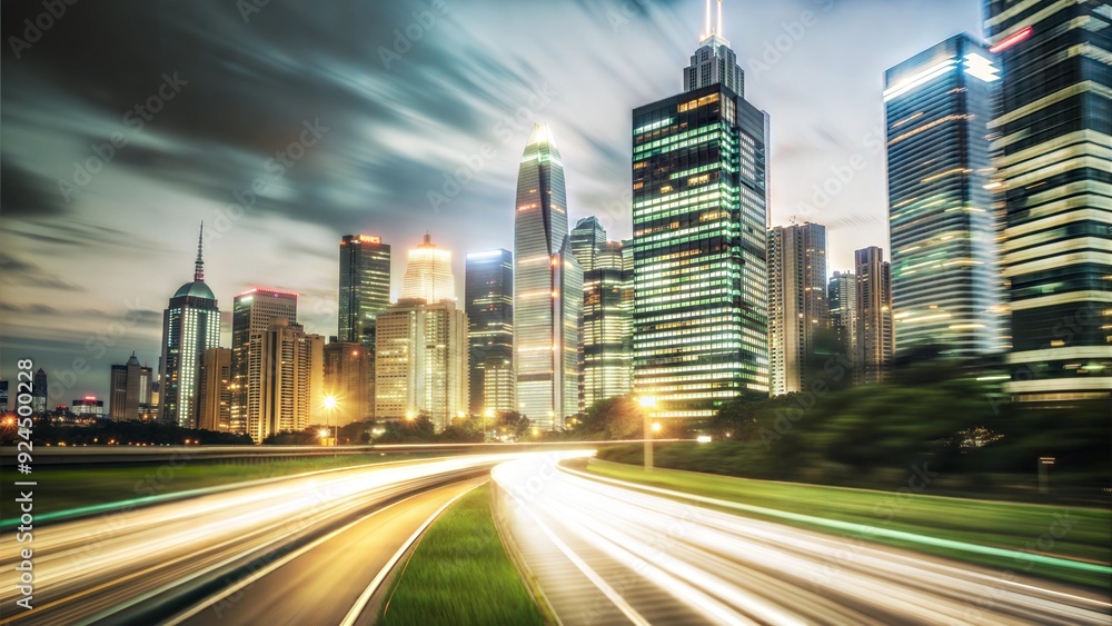 Fototapeta premium A bustling city street at night with bright lights and moving traffic, showcasing the urban skyline and skyscrapers in a vibrant cityscape
