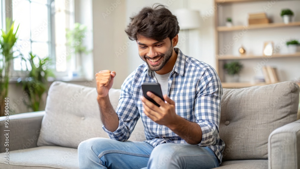Obraz premium Excited Man Celebrating Success on Smartphone.
