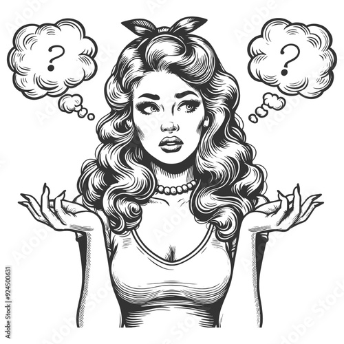 woman with dilemma confusion or uncertainty, question mark above her head sketch engraving generative ai fictional character vector illustration. Scratch board imitation. Black and white image.