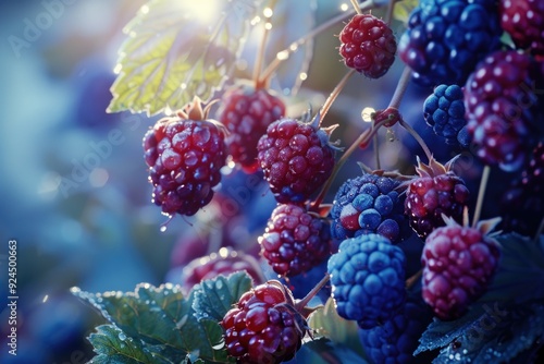 A cluster of juicy berries hangs from a tree branch in this detailed photograph