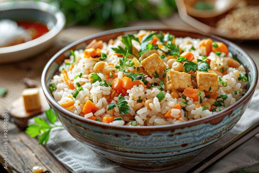 A bowl of colorful fried rice with vegetables and tofu, garnished with herbs. A bowl of colorful fried rice with vegetables and tofu, garnished with herbs.