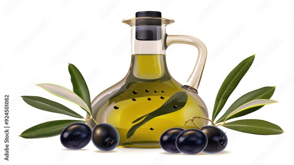 Olive Oil in a Glass Bottle with Olives and Leaves Olive Oil in a Glass Bottle with Olives and Leaves