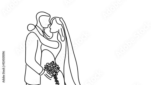 line drawing of happy groom bride standing at wedding