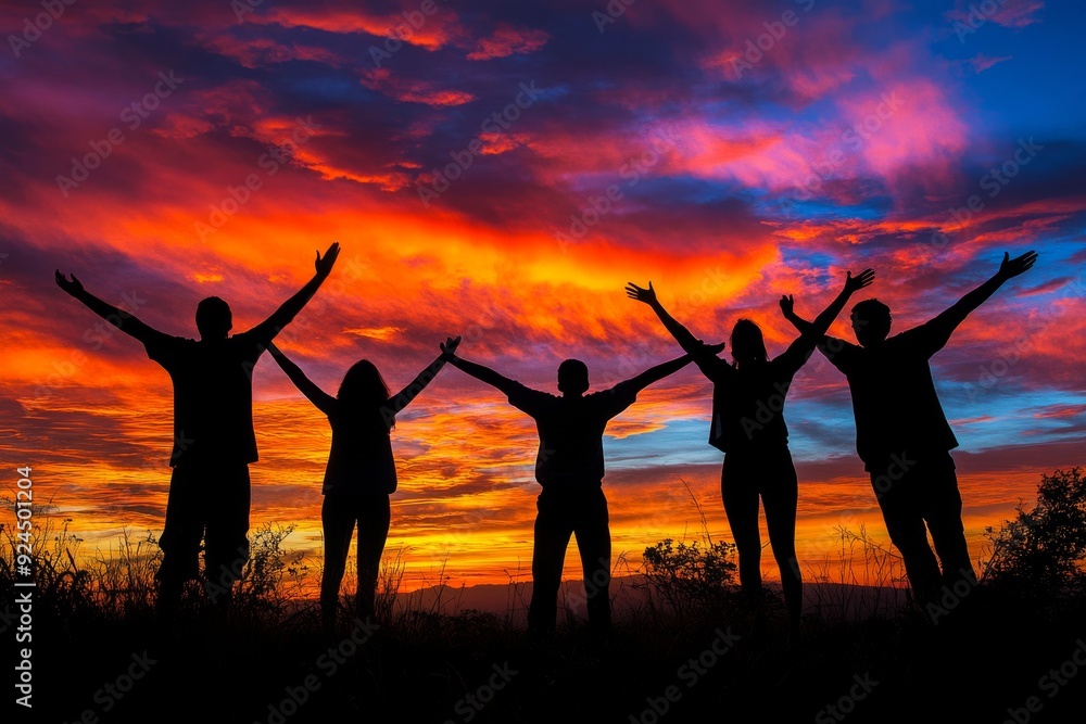 A group of friends standing in silhouette against the sky at sunset, arms outstretched, conveying a sense of friendship and togetherness. A group of friends standing in silhouette against the sky at sunset, arms outstretched, conveying a sense of friendship and togetherness.