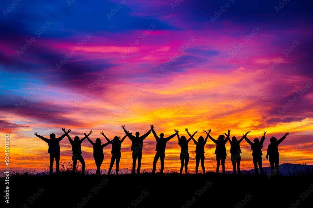 A group of friends standing in silhouette against the sky at sunset, arms outstretched, conveying a sense of friendship and togetherness. A group of friends standing in silhouette against the sky at sunset, arms outstretched, conveying a sense of friendship and togetherness.