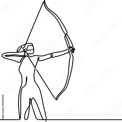 Single continuous line drawing of young professional archer woman focus aiming archery target