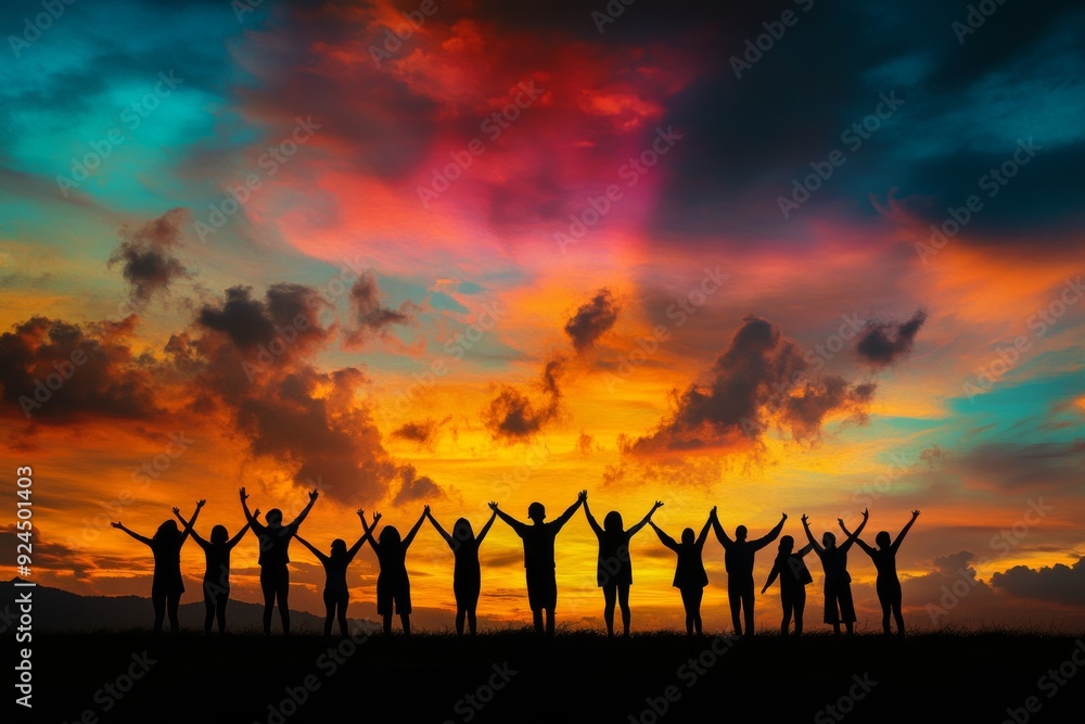 A group of friends standing in silhouette against the sky at sunset, arms outstretched, conveying a sense of friendship and togetherness.