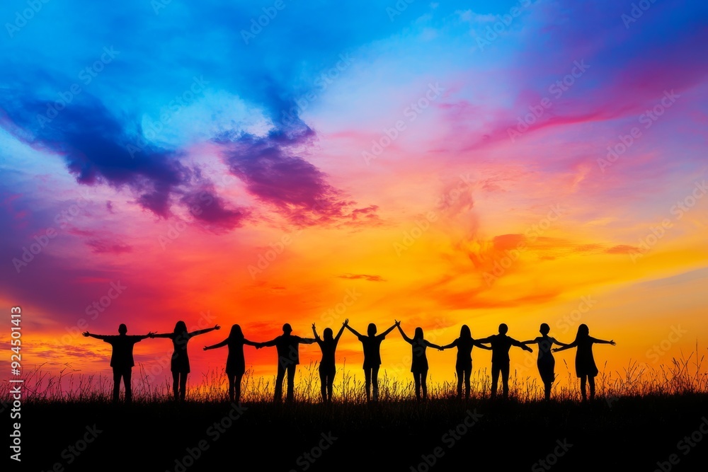 Fototapeta premium A group of friends standing in silhouette against the sky at sunset, arms outstretched, conveying a sense of friendship and togetherness.