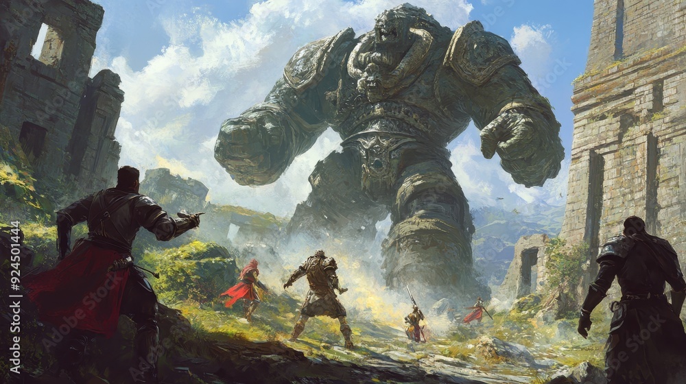 Fototapeta premium Giant Stone Warrior Facing Knights.