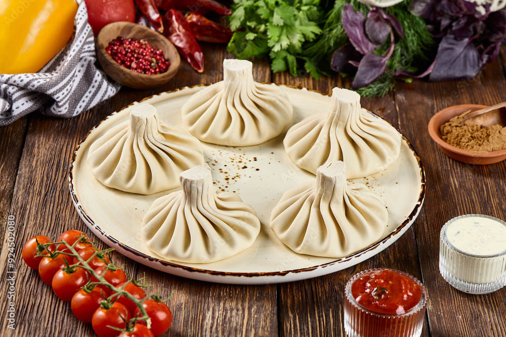 Traditional Khinkali Dumplings with Fresh Herbs, Spices, and Vegetables on a Rustic Wooden Background Traditional Khinkali Dumplings with Fresh Herbs, Spices, and Vegetables on a Rustic Wooden Background