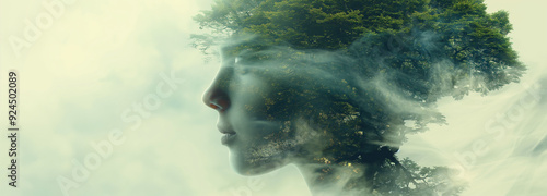 A double exposure of a woman's face and a forest