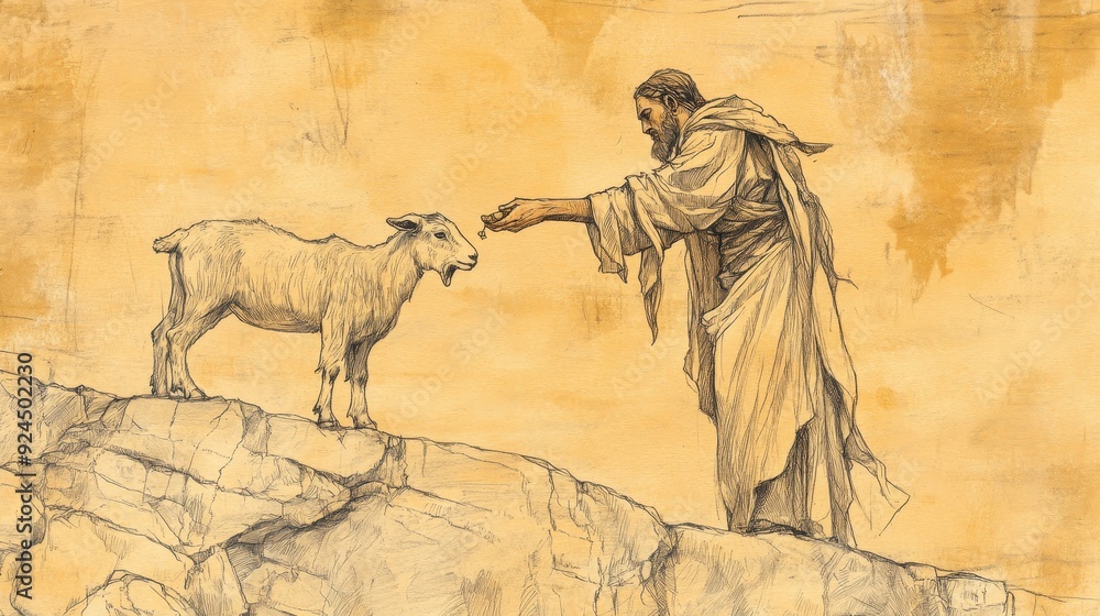 Fototapeta premium Judges: Birth of Samson, Manoah Offering Young Goat on Rock as Sacrifice to the Lord, Instructed by Angel, Biblical Illustration, Bible Wall Art on Beige Background