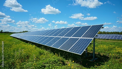 Vibrant Solar Arrays Under Bright Blue Skies: Harnessing Renewable Energy in Picturesque Landscapes of Green Fields and Fluffy Clouds for a Sustainable Future