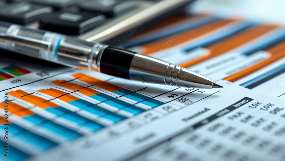 An Insightful Glimpse into Financial Strategy: A Close-Up of Charts and Graphs on a Document Accompanied by a Sleek, Modern Pen and a Calculator in the Background An Insightful Glimpse into Financial Strategy: A Close-Up of Charts and Graphs on a Document Accompanied by a Sleek, Modern Pen and a Calculator in the Background