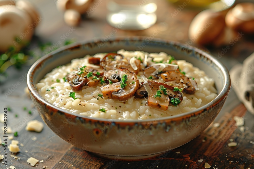 A bowl of creamy mushroom risotto garnished with herbs on a rustic wooden table. A bowl of creamy mushroom risotto garnished with herbs on a rustic wooden table.