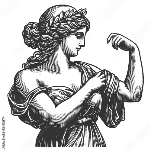 classical Greek statue woman with a laurel wreath, ancient elegance and grace sketch engraving generative ai fictional character vector illustration. Scratch board imitation. Black and white image.