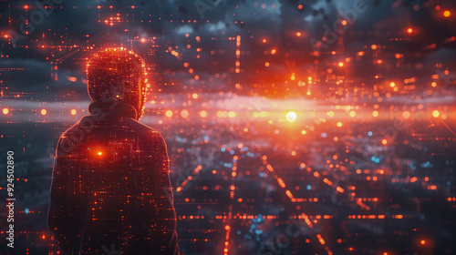 Futuristic Hooded Figure in a Digital Matrix Cityscape..