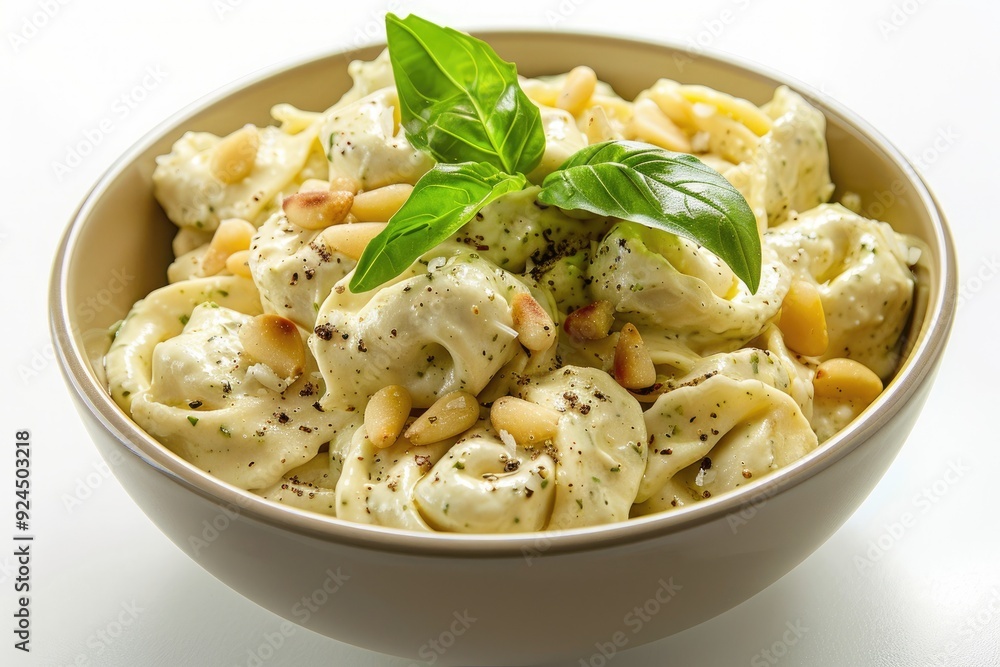 A bowl of creamy pasta topped with pine nuts and basil leaves. A bowl of creamy pasta topped with pine nuts and basil leaves.