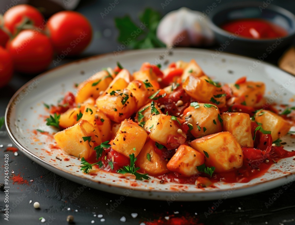 Close up of Patatas Bravas with Spicy Sauce, Traditional Spanish Tapas Dish Close up of Patatas Bravas with Spicy Sauce, Traditional Spanish Tapas Dish