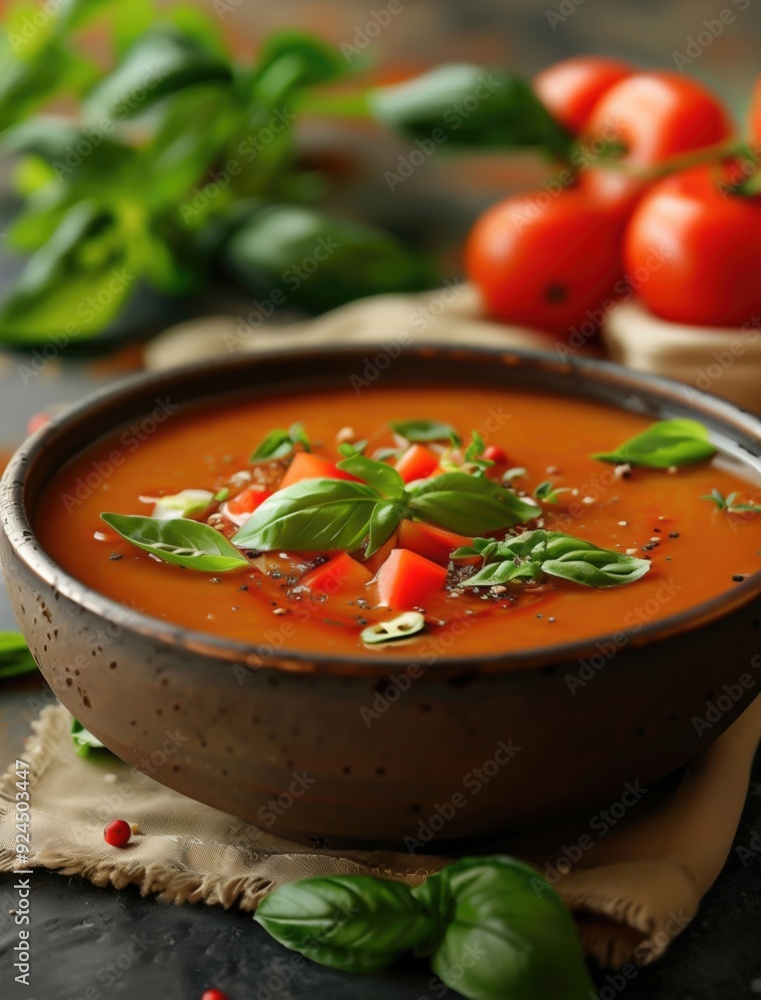 Fresh Gazpacho in a ceramic bowl with basil leaves and tomatoes Fresh Gazpacho in a ceramic bowl with basil leaves and tomatoes