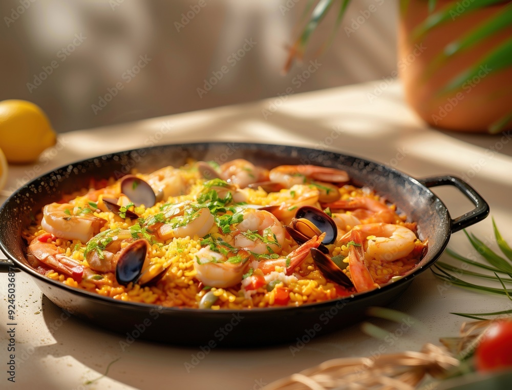 Authentic Mediterranean Paella with shrimp in a cast iron pan Authentic Mediterranean Paella with shrimp in a cast iron pan
