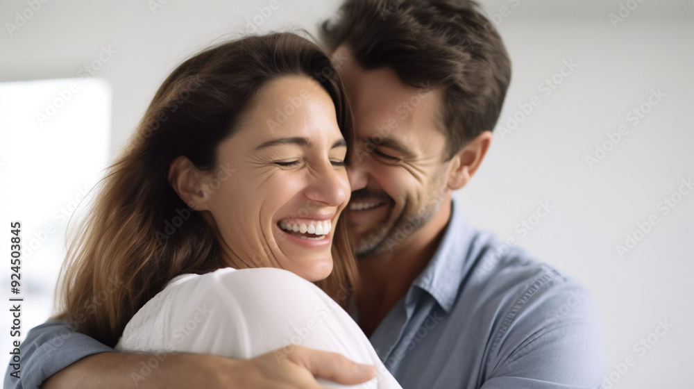 Happy woman hugging her husband, smiling at home. Man and wife enjoying a loving embrace. Happy woman hugging her husband, smiling at home. Man and wife enjoying a loving embrace.