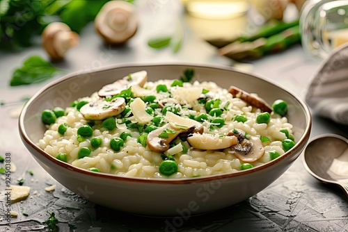 A bowl of creamy risotto topped with mushrooms, peas, and herbs, showcasing a delicious meal.