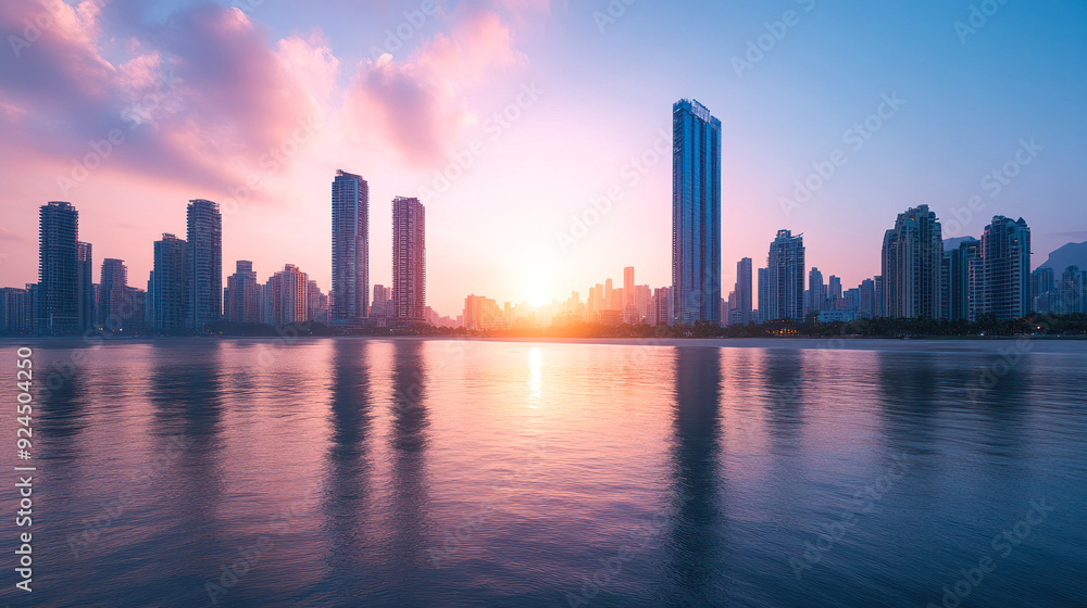 Fototapeta premium Sunrise reflecting on water with city skyline in view.