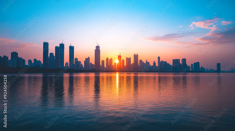 Silhouette of a lively cityscape with sunset reflections. Silhouette of a lively cityscape with sunset reflections.
