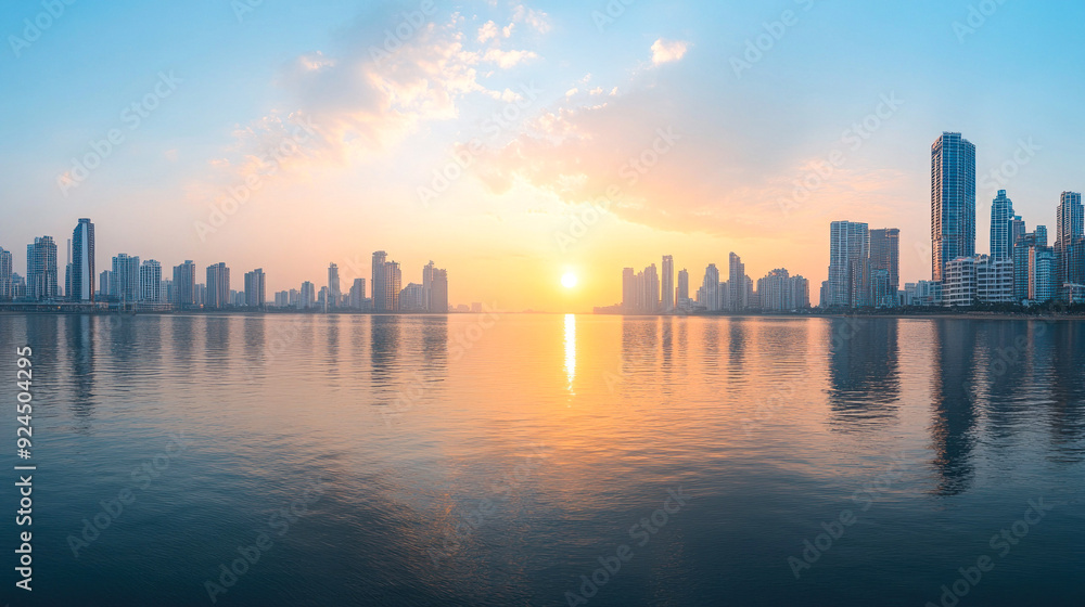 Panoramic view of a city skyline at sunset over water. Panoramic view of a city skyline at sunset over water.