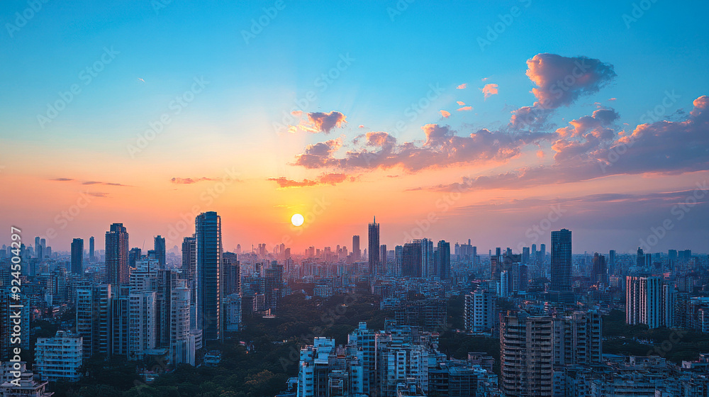 Obraz premium Urban city skyline with sun setting behind skyscrapers